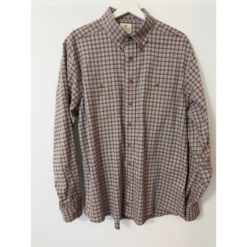 Genteal Plaid Button Down Shirt Long Sleeve Duck Logo L Brown Performance Prep - Picture 2 of 9